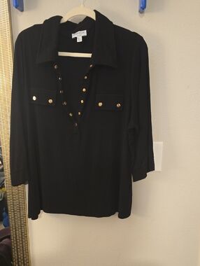 Carmen Marc Valvo Black Tunic with Gold Button Accents